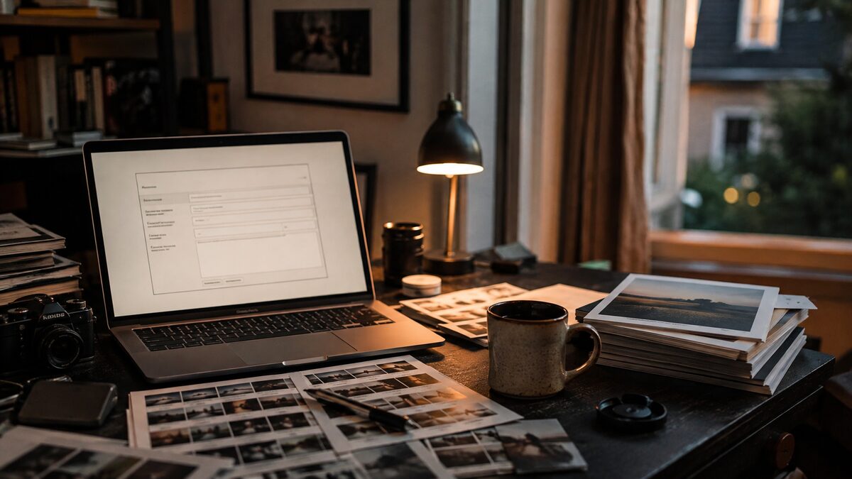 A desk with a laptop, contact sheets and prints while preparing a grant application.