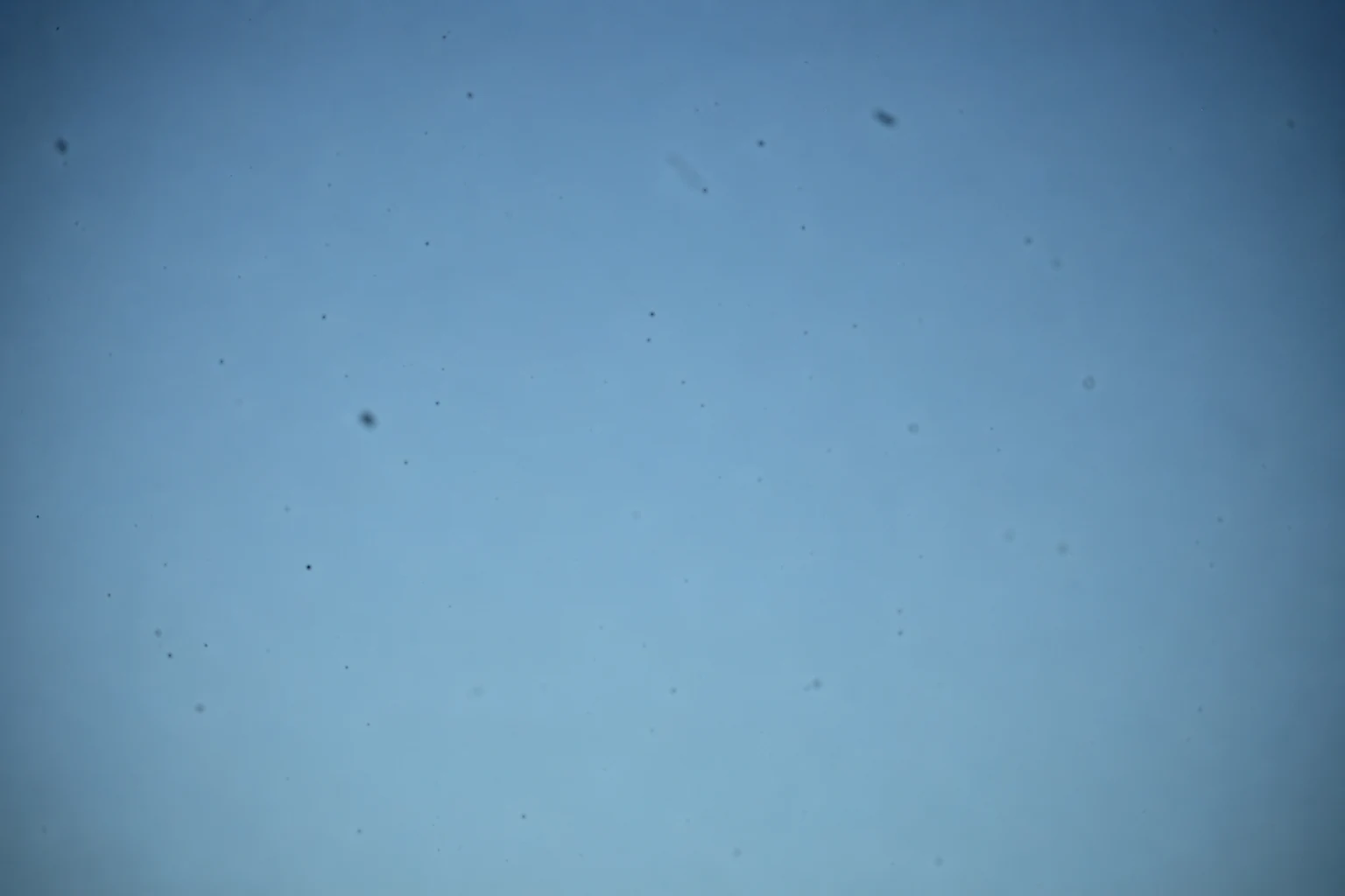Test shot of a blue sky showing dozens of dark dust spots from a dirty camera sensor
