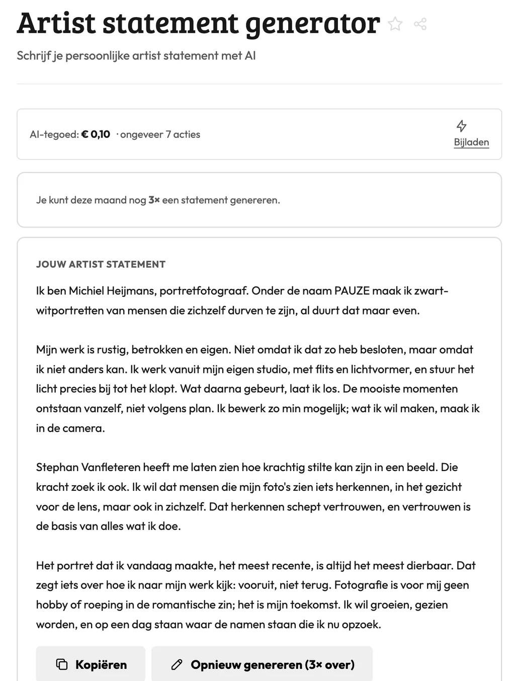 Zo ziet Artist statement generator eruit