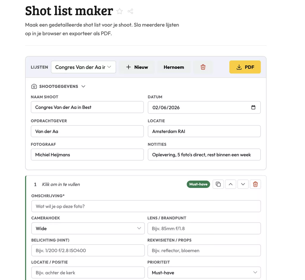 Zo ziet Shot list maker eruit